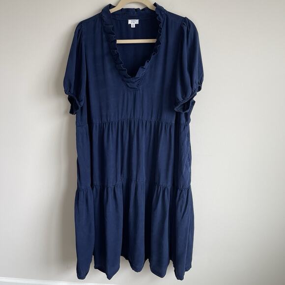 Crown & Ivy Plus Size 4X Puff Sleeve Ruffled Neck Tiered Dress Pockets Blue - Picture 1 of 13